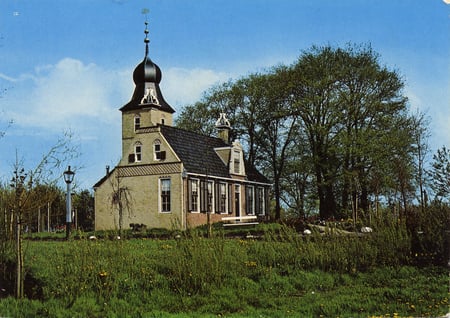 Allingastate, Frisian Farm House - roof, trees, blue sky, house, tower, grass