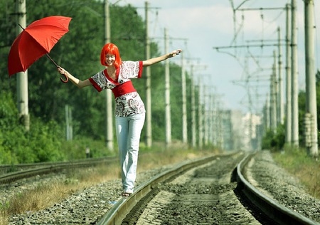 I walk the line - girl, tracks, red, happy