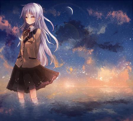 inner thoughts - moon, setting sun, lake, anime