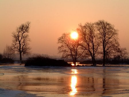 December morning - sky, trees, sun, water, sesons, reflection, cold, river, morning, ice, landscape, background, winter, gold, nature, begining, snow, sunrise