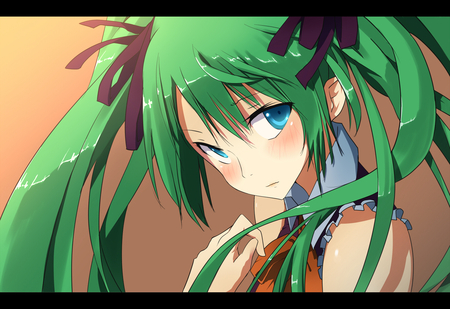 Hatsune Miku - pretty, blushing, anime, vocaloid, twintail, hatsune miku, light, aqua, music, gorgeous, face, nice, idol, program, beautiful, singer, girl, virtual, beauty, cool, orange, sunset, miku, awesome, green, diva, aqua eyes, cute, aqua hair, hatsune, vocaloids, song