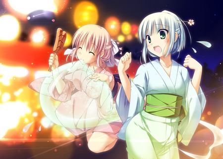 Yuyuko & Youmu - light, yuyuko, yellow, blue, pink, red, party, green, color, food, youmu