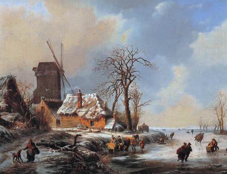 Dutch Winterscape by Albert Moerman - cold, clouds, skating, winter, windmill, tree, large sky, house