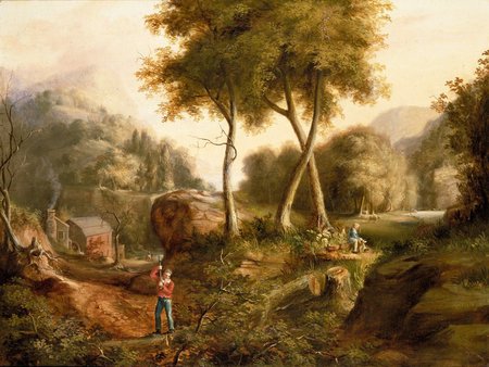 Idyllic Landscape by Thomas Cole - trees, people, romantic, painting, landscape, idyllic