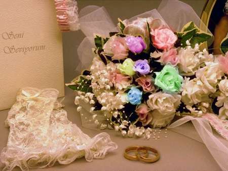 The Symbols Of One - book, wedding, blues, flowers, greens, pinks, lace, lilly of the valley, roses, rings, lavenders, colours