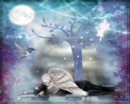 BROKEN ANGEL - moon, angel, hummingbird, tree, fairy