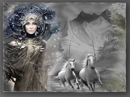 WHITE HORSES - white, female, horses, dress, mountains