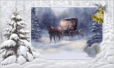 CHRISTMAS CARRIAGE - carriage, christmas, trees, white, winter, snow, bell, squirrel