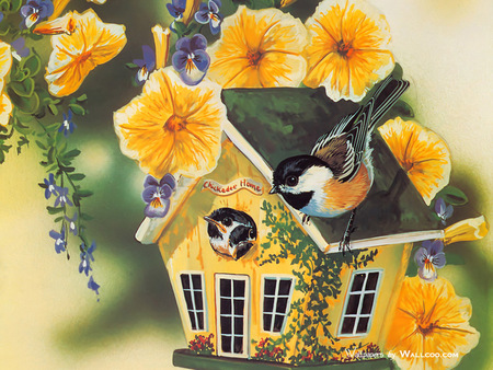 Chickadee Haven - pretty, house, birds, yellow, beautiful, windows, babies, flowers, door, big, chichadees, nature, bright, morning glories