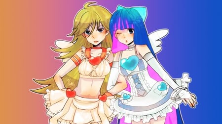 Panty and Stocking with Garterbelt - kawaii, panty and stocking with garterbelt, hot, blonde, short hair, colorful, garterbelt, blue hair, wings, cute, yellow hair, panty, stocking, sexy