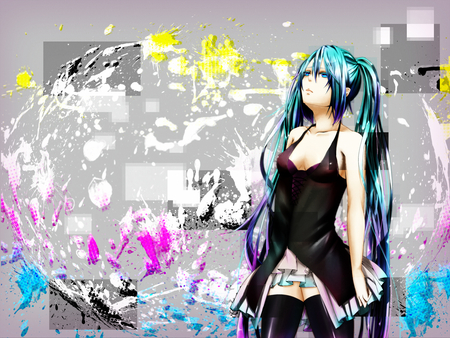 Hatsune Miku - aqua, hot, thighhighs, music, white, paint, art, purple, cool, aqua eyes, artistic, hatsune miku, skirt, sexy, song, vocaloids, program, vocaloid, beautiful, pink, diva, nice, beauty, twintail, singer, aqua hair, black, virtual, painting, pretty, idol, anime, miku, cute, girl, bra, hatsune, abstract, blue, awesome, splash