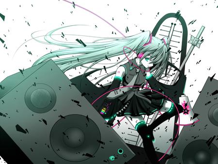 Hatsune Miku - Love is War - aqua, base, hot, headset, thighhighs, music, white, cool, aqua eyes, hatsune miku, skirt, sexy, song, megaphone, vocaloids, program, vocaloid, beautiful, love is war, pink, rubble, diva, beauty, nice, twintail, singer, aqua hair, black, bass, virtual, pretty, idol, anime, miku, cute, girl, hatsune, microphone, headphones, tie, awesome