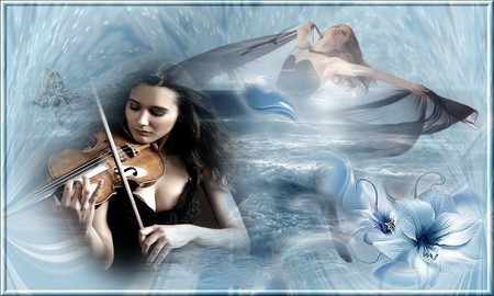 WIND SONG - females, flower, butterfly, violin, ocean, blue