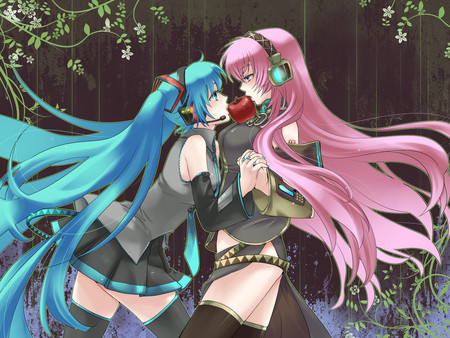 Miku & Luka - luka, hatsune miku, aqua, hair, eyea, wood, hatsune, aplle, pink, holding hands, megurine luka, miku, megurine