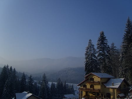 mountain, fog, house, trees, and little snow - house, trees, fog, and little snow, mountain