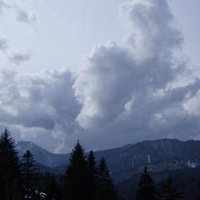 clouds, mountains, trees, a little snow, beautiful, rainy day