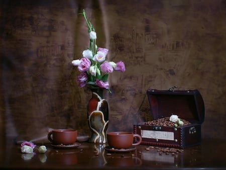 Still Life - beans, pretty, beauty, beautiful, flowers, vase, still life, cup, coffee beans, box, coffee, cup of coffee, photography, lovely, nature, colors