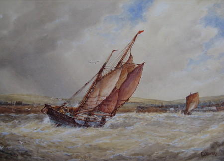 Aldridge, Painting Coast Isle of Wight - clouds, grey, water, waves, sails, sailing ship