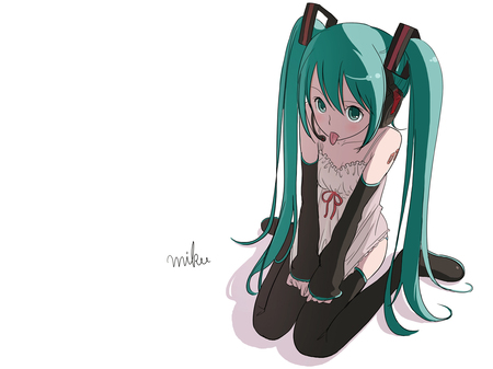 Hatsune Miku - virtual, vocaloids, song, microphone, singer, tongue, red, cool, headphones, awesome, vocaloid, thighhighs, anime, twintail, blue, aqua hair, hatsune, black, cute, beautiful, hot, girl, white, program, aqua eyes, funny, pretty, aqua, beauty, name, diva, nice, sexy, idol, headset, music, hatsune miku