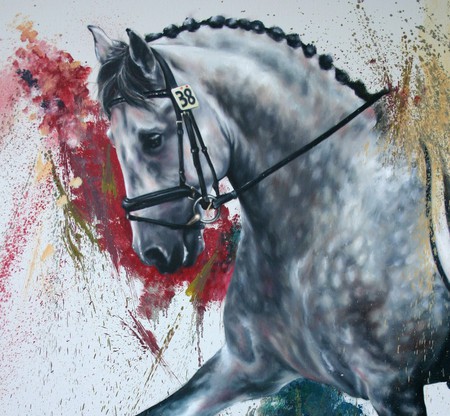 Merlin Splash Portrait - horses, spanish, grey, dappled grey, portrait, watercolor, andalusian