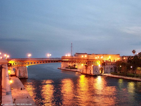 Taranto Bridge, Puglia, Italy - water, lights, refelection, sky, bridge