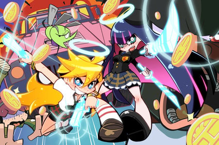 Panty & Stocking - panty, swords, see-through, goth, panty and stocking with garterbelt, money, gothic, brief, stocking, garterbelt, guns, chuck, lolita, blonde