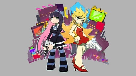 Panty & Stocking - knee socks, panty and stocking with garterbelt, gun, blonde, gothic, lolita, goth, honekoneko, panty, stocking, bone kitten