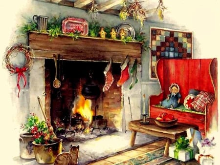 Country Cozy - gifts, pillows, flowerpots, doll, apples, stockings, holiday, fireplace, bench, candle, table, flame, cat, christmas, quilt, basket, wreath