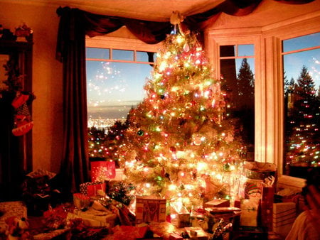 Christmas Eve - sunset, christmas, presents, holiday, family, tree, ornaments, gifts, lights