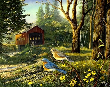 Bridge View - covered bridge, trees, woods, countryside, flowers, bluebirds, birds