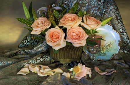 Still life - brocade, flowers, glass, roses