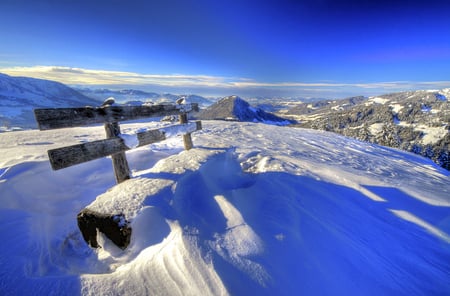 Cold bench - sky, bench, blue, snow