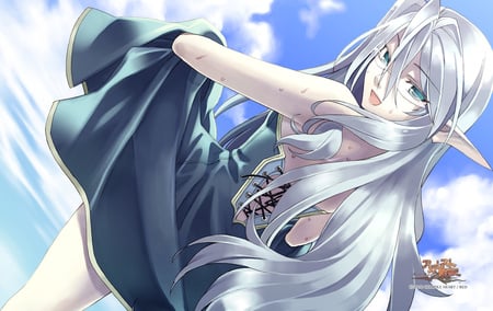 elf - sky, elf, zero, blue dress, pointy ears, long hair, silver hair