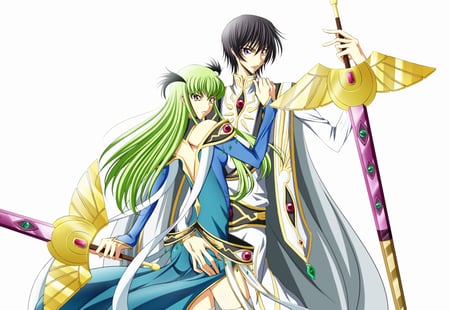 Code Geass - yellow eyes, cc, long hair, code geass, black hair, white, lelouch, weapon, cape, sword, purple eyes, short hair, green hair, dress