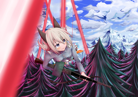 Cant hit me? - gun, sky, animal ears, blue eyes, blonde hair, forest, clouds, weapon, uniform, tree