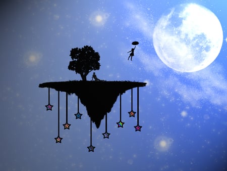 To The Moon - women, flying, umbrella, night, sky, fantasy, island, moon, tree