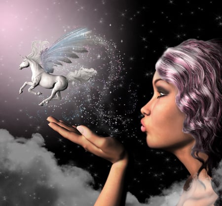 Pure Fantasy - clouds, woman, pegasus, night, stars, sky