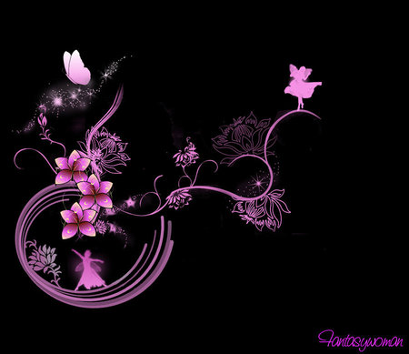 Pink Fantasy - vector, butterfly, pink, fairies, flowers, fantasy