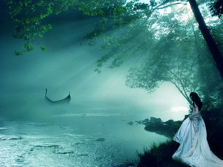 Fantasy River - woman, moon, tree, river