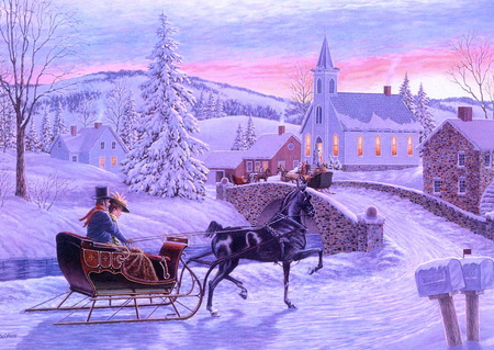 Winter ride - trees, man and woman, winter, horse and carriage, horse, church, sleigh, snow, house, bridge