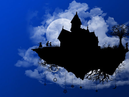 Fantasy Mansion - moon, woman, sky, children, blue, mansion, tree