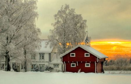 Winter is here again - trees, white, winter, sunset, red, snow, houses, sky