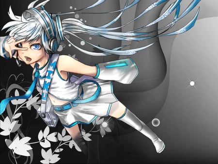 Yuki Miku - tie, pretty, snowflakes, snow, white hair, flowers, nice, program, hot, thighhighs, beauty, virtual, white, gray, cute, aqua eyes, song, sexy, vocaloid, anime, twintail, hatsune miku, microphone, music, aqua, idol, winter, skirt, beautiful, singer, girl, heaphone, cool, black, miku, awesome, diva, teal, hatsune, vocaloids, headset