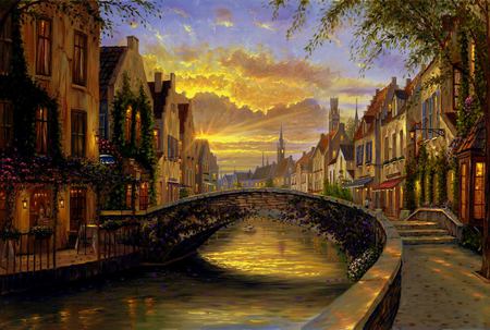 Splendor - clouds, trees, sunset, water, canal, city, houses, bridge