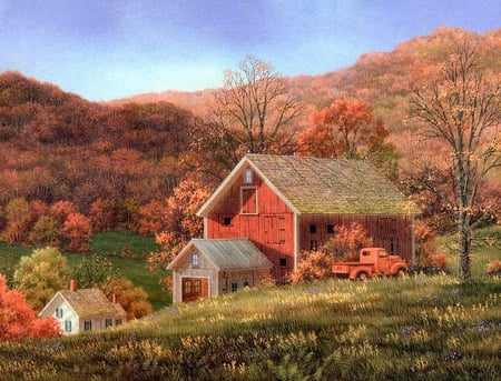 Autumn beauty - redtruck, house, trees, autumn, barn, grass, shed