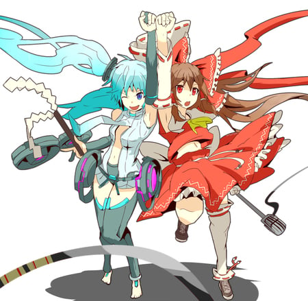 Touhou and Vocaloid - hatsune miku, hakurei remiu, cossover, video game, touhou, twin tails, vocaloid, remiu, miku