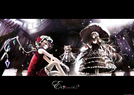 Touhou - yukari yakumo, flandre scarlet, touhou, youkai, dark, vampire, mokou fuziwara