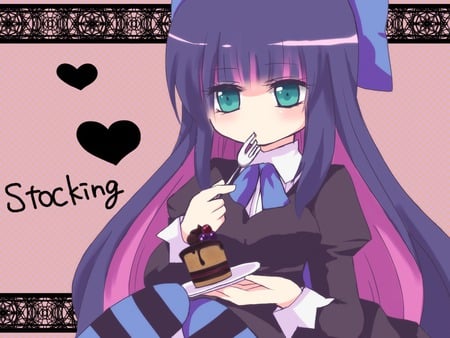 Chibi Stocking - anime, garterbelt, purple, blue, chibi, cake, long hair, stocking