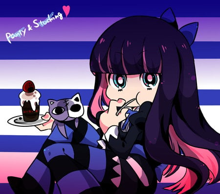 Chibi Stocking - multicolor, garterbelt, chibi, bow, cake, stocking, purple hair