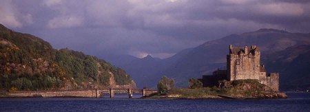 Eileen Donell Castle, Scotland - clouds, square, tower, lake, mountains, castle, bridge